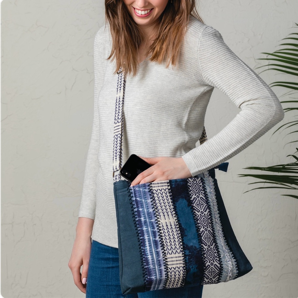 Demdaco Indigo Stripe Recycled Fabric Crossbody Bag - Your Journey